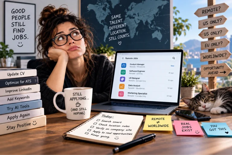 Remote job seeker comparing worldwide and location-restricted remote jobs before applying
