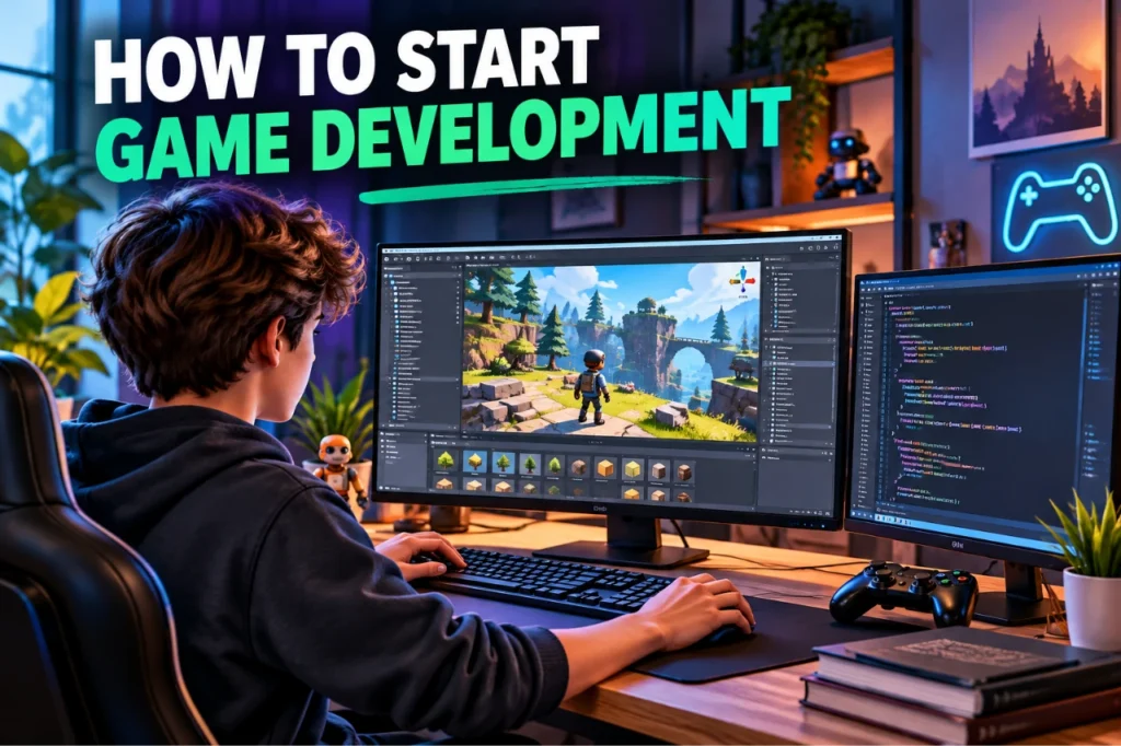 Game development for beginners with a student creating a 3D game using a game engine, code and game controller