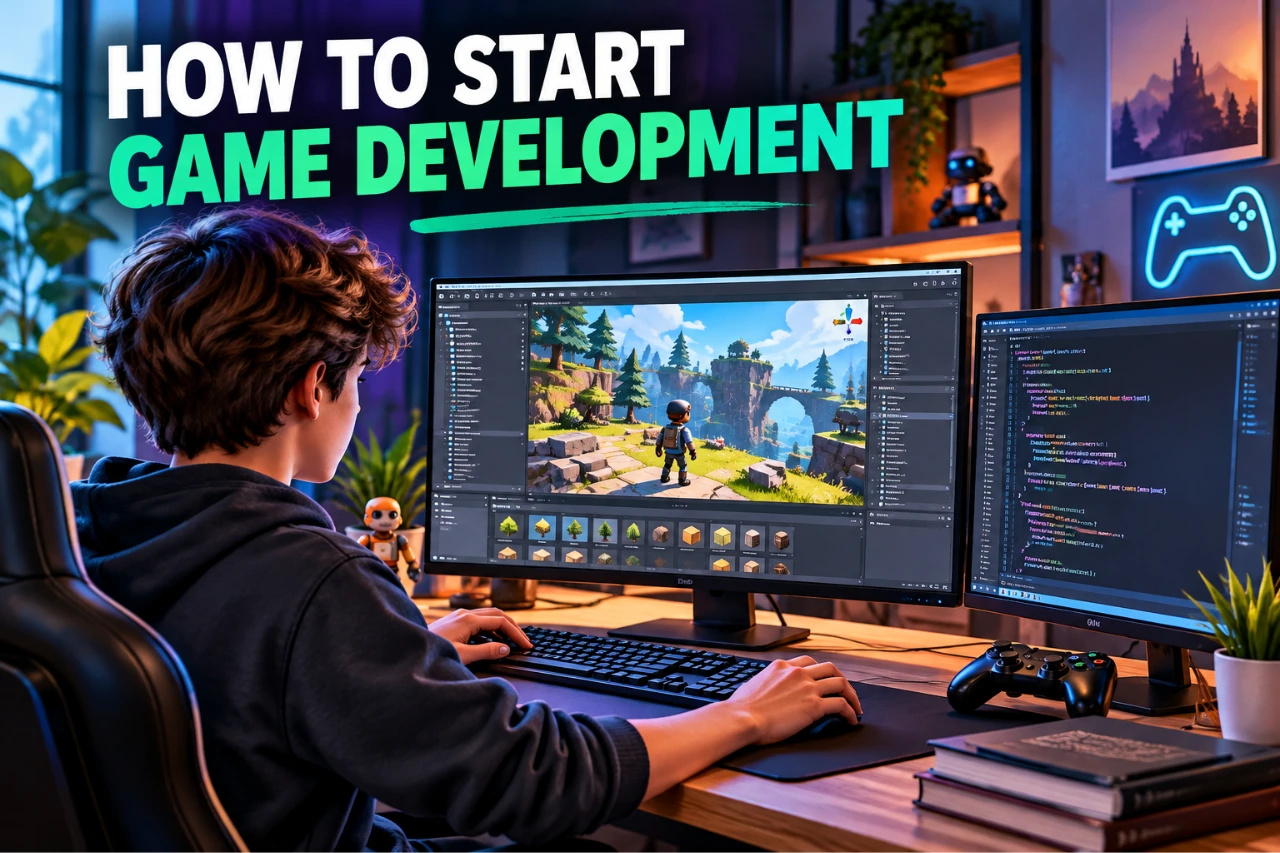 Game development for beginners with a student creating a 3D game using a game engine, code and game controller
