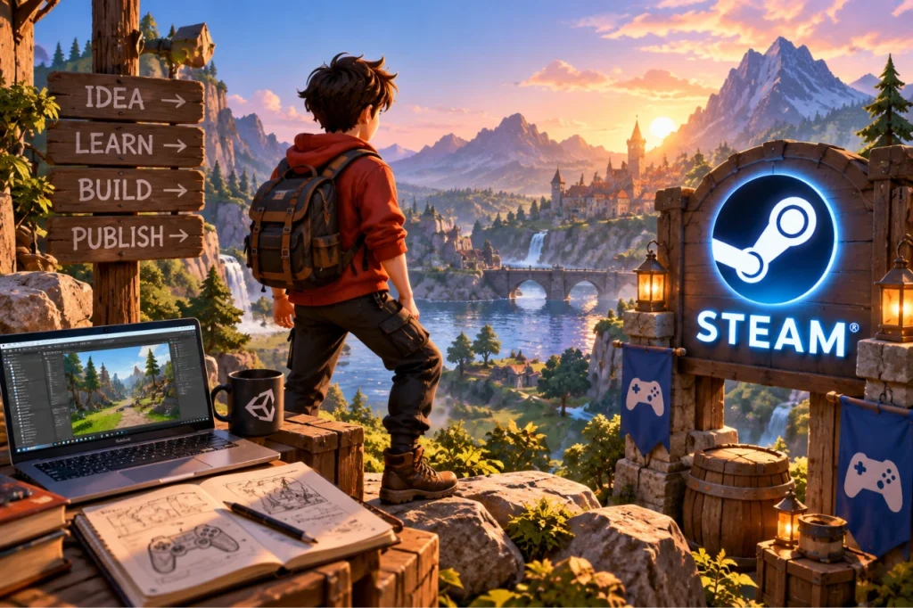 Young game creator overlooking a fantasy game world, illustrating the journey from learning game development to publishing on Steam