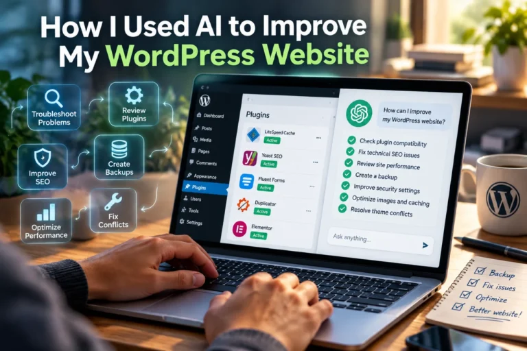 Person using AI to improve a WordPress website, with a laptop displaying plugin management, troubleshooting, SEO optimization, backups, and performance improvements.