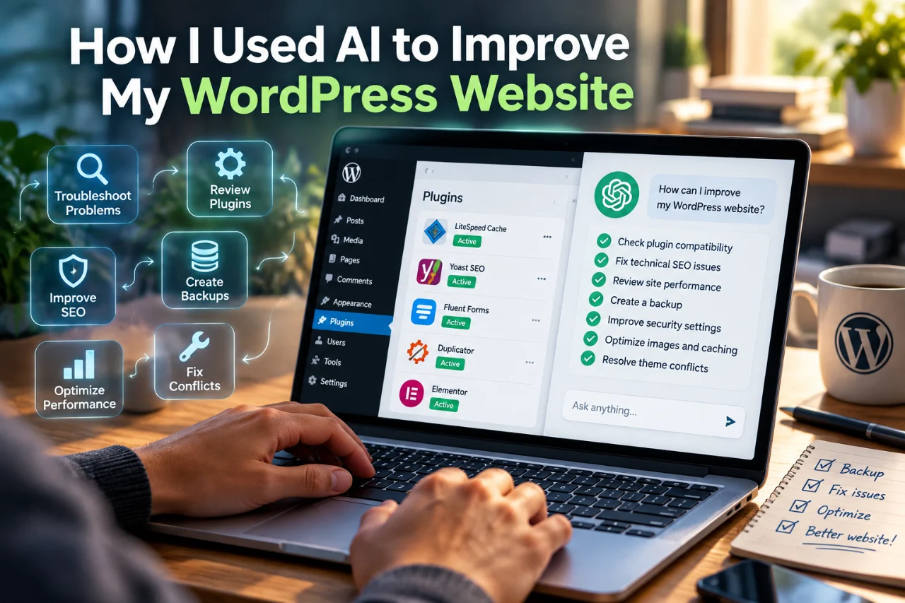 Person using AI to improve a WordPress website, with a laptop displaying plugin management, troubleshooting, SEO optimization, backups, and performance improvements.