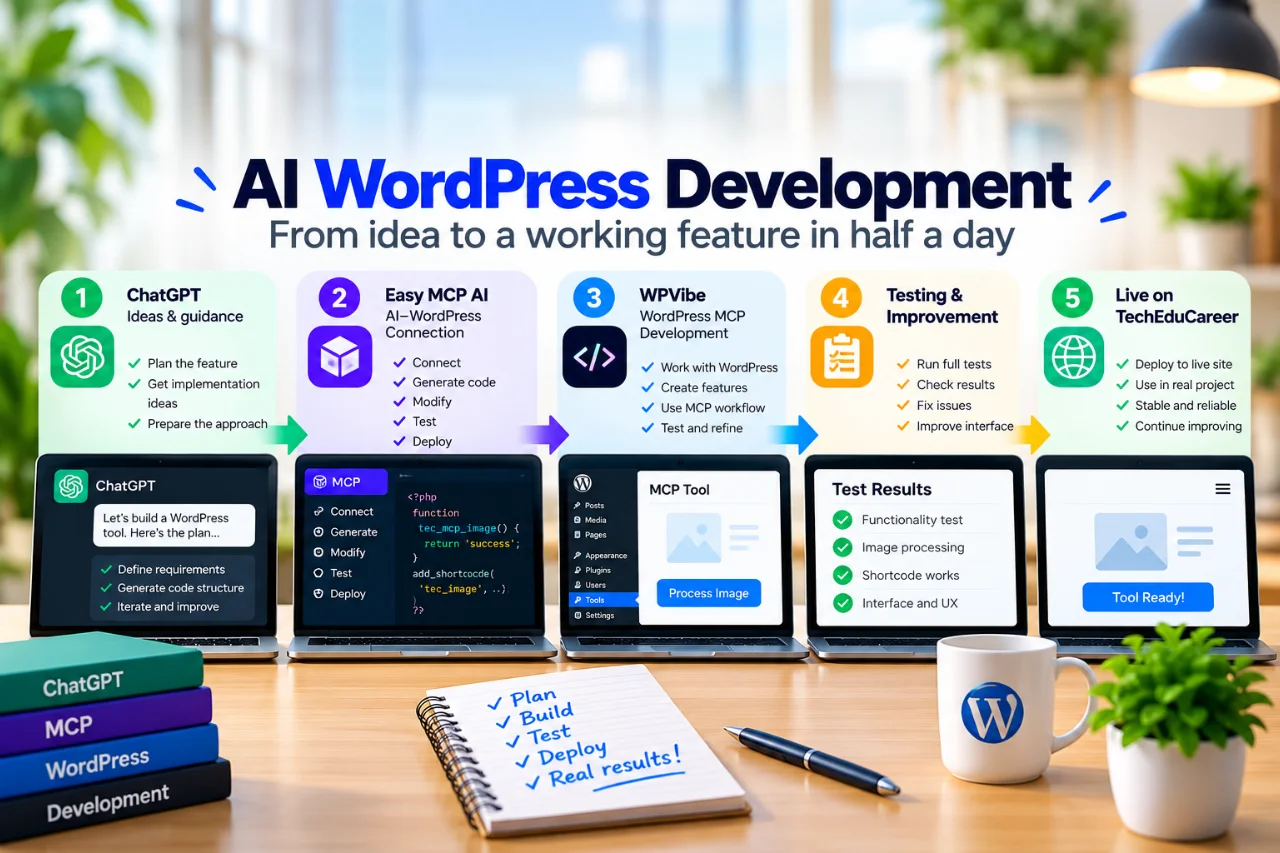 AI WordPress development workflow using ChatGPT, Easy MCP AI and WPVibe, from development and testing to production.