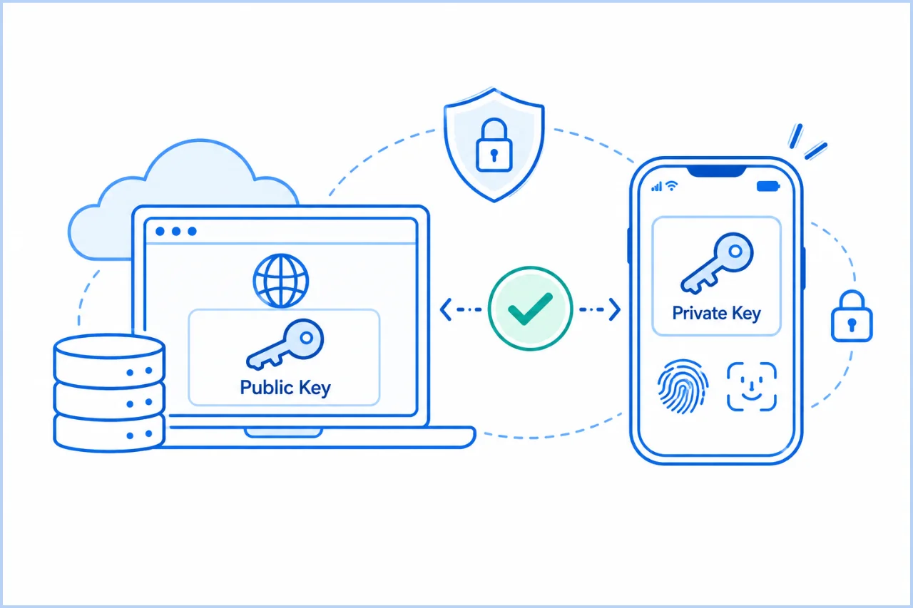 How passkeys work: a website stores the public key while a smartphone securely holds the matching private key