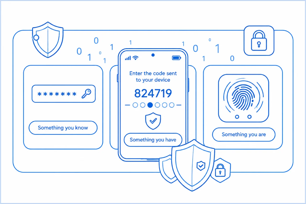 Three authentication factors for 2FA: password, phone verification code, and fingerprint recognition