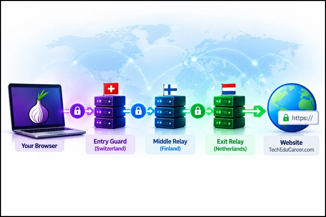 Educational diagram showing how Tor Browser routes internet traffic through an entry guard, middle relay, and exit relay before reaching a website.