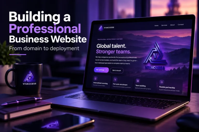 AI-assisted business website creation featuring the real Vivaccess homepage on a laptop, with purple branding and a modern workspace.