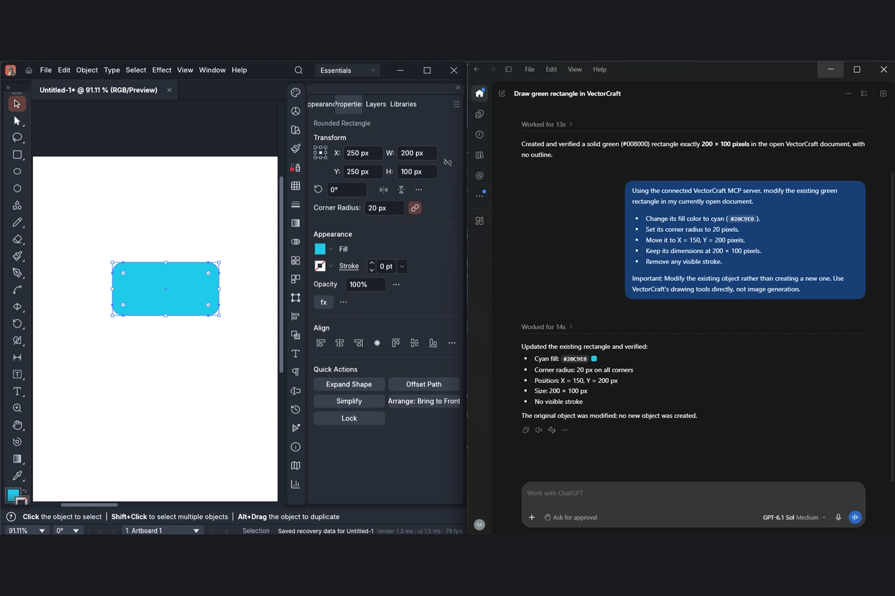 ChatGPT modifies an existing VectorCraft rectangle to cyan with 20-pixel rounded corners using MCP tools