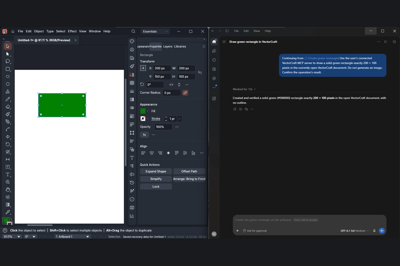 ChatGPT creates a green 200 × 100 pixel rectangle directly in VectorCraft using MCP drawing tools