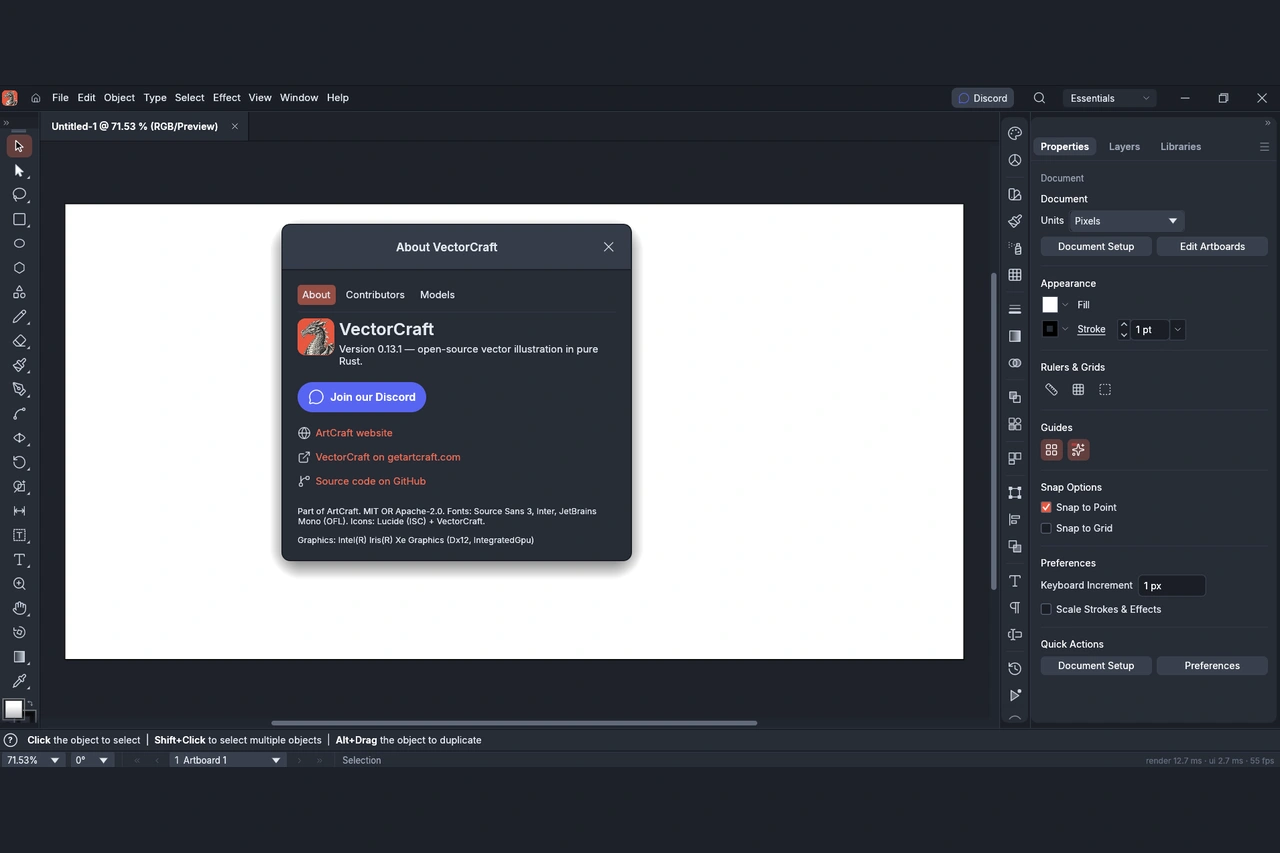 VectorCraft 0.13.1 open-source vector graphics editor showing the About window and application interface