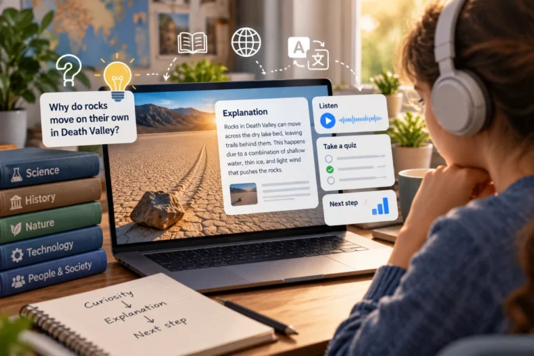 Student exploring an educational fact library on a laptop, with interactive explanations, audio learning, quizzes, and a Death Valley science example.