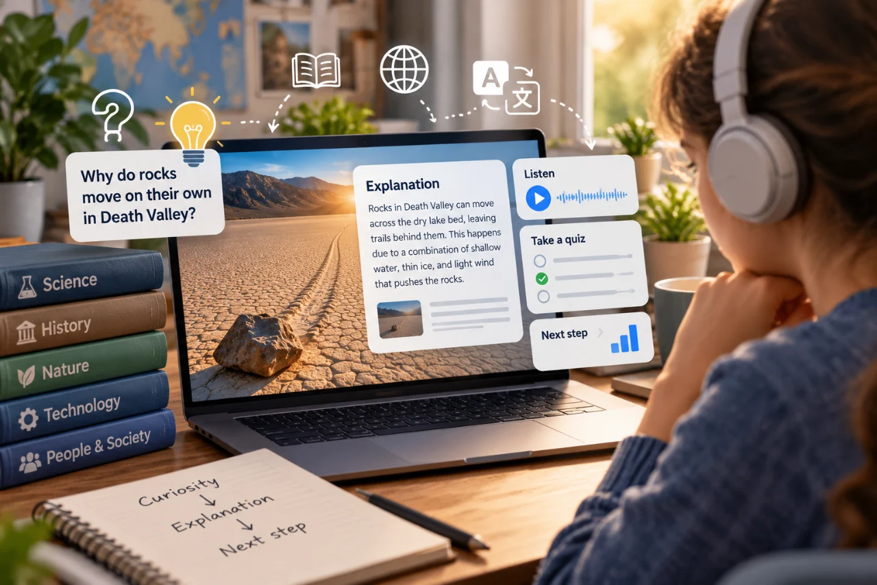 Student exploring an educational fact library on a laptop, with interactive explanations, audio learning, quizzes, and a Death Valley science example.