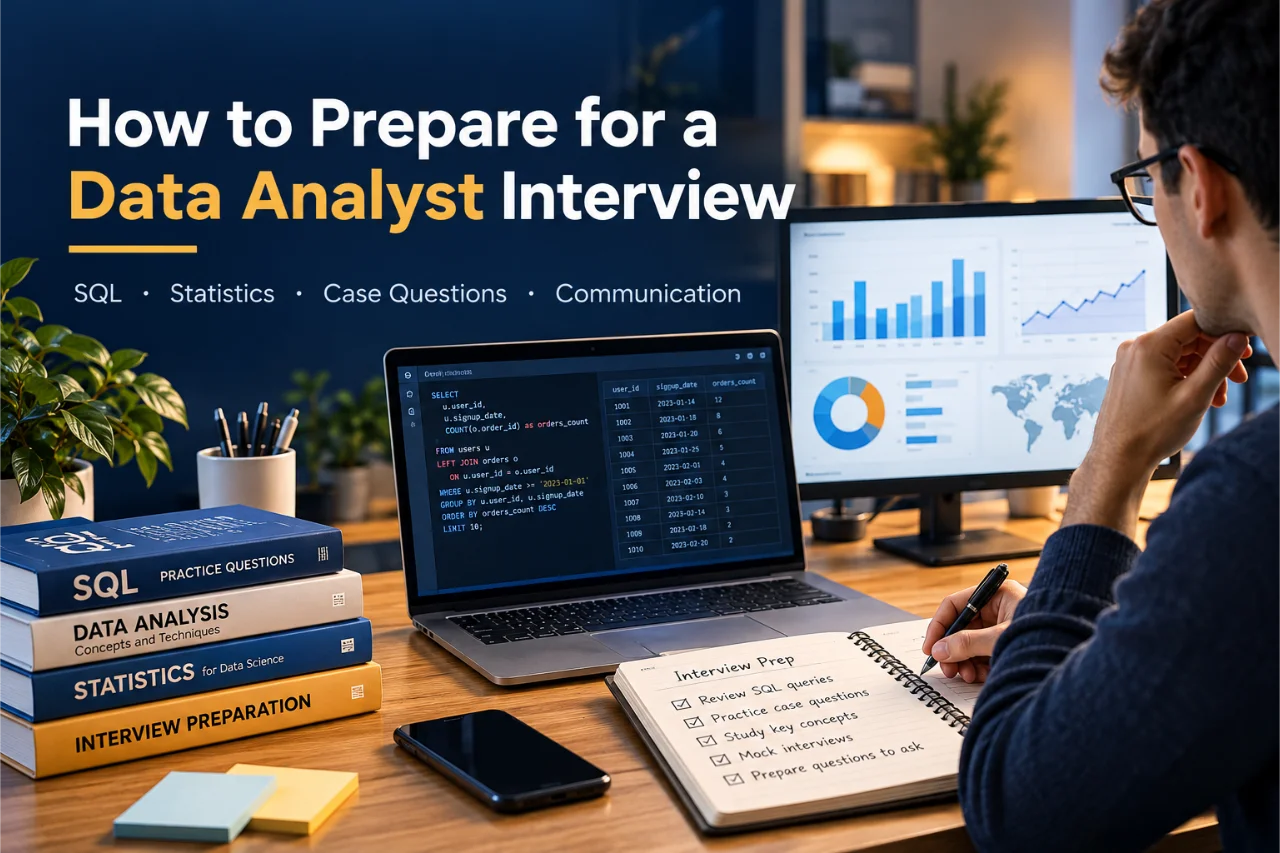 Person preparing for a data analyst interview, reviewing SQL queries, analytics dashboards, and interview study notes at a desk.