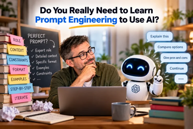 Person discussing prompt engineering with a friendly AI assistant, comparing complex prompt formulas with simple, natural conversation.