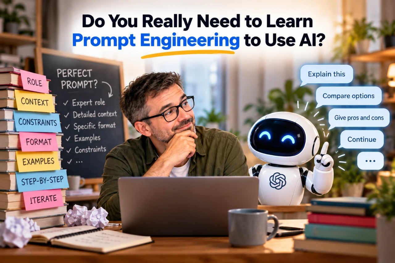 Person discussing prompt engineering with a friendly AI assistant, comparing complex prompt formulas with simple, natural conversation.