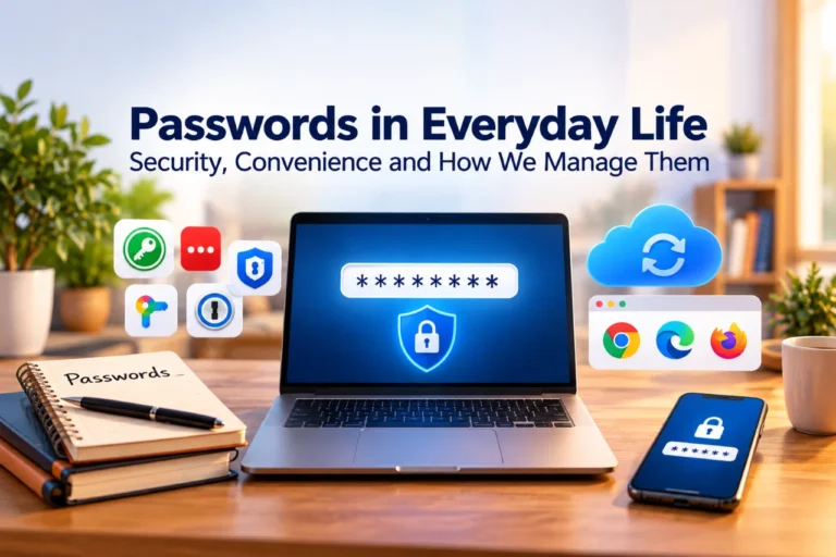 Illustration of everyday password management featuring a laptop with a secure password screen, browser icons, cloud synchronization, password manager apps, a handwritten password notebook, and a smartphone.
