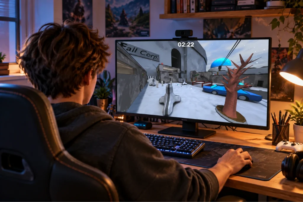 Young indie game developer playing Fallgate on a computer, showing real gameplay from the game published on Steam.