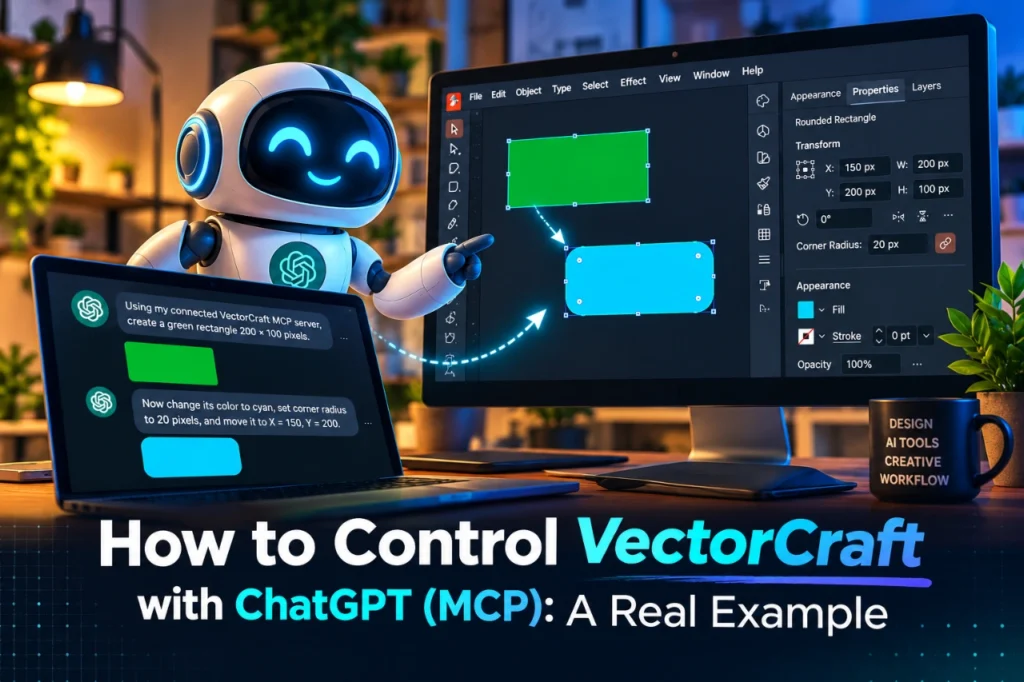 AI-assisted vector design with ChatGPT and MCP, showing a green rectangle transformed into a cyan rounded shape in VectorCraft