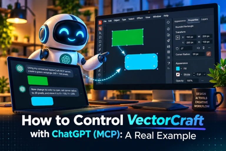 AI-assisted vector design with ChatGPT and MCP, showing a green rectangle transformed into a cyan rounded shape in VectorCraft