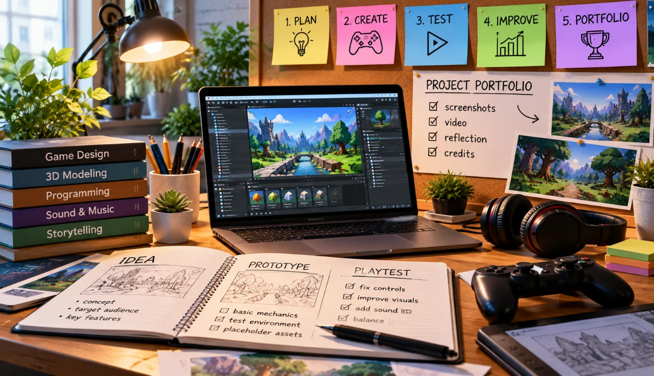 Student gaming project portfolio workspace featuring game design software,