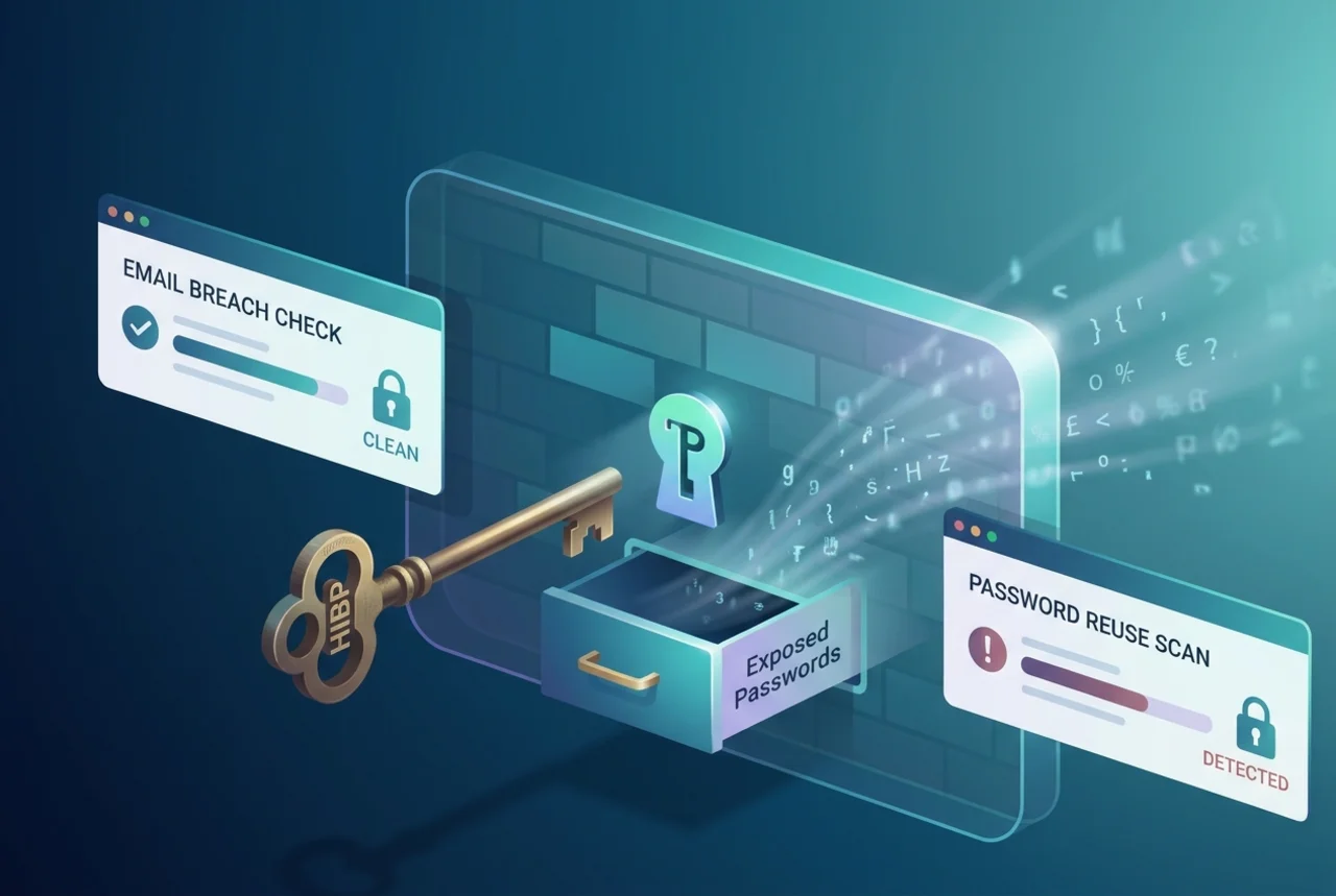 Conceptual 3D illustration of an email data breach check and password scan dashboard featuring a key and a secure digital vault.