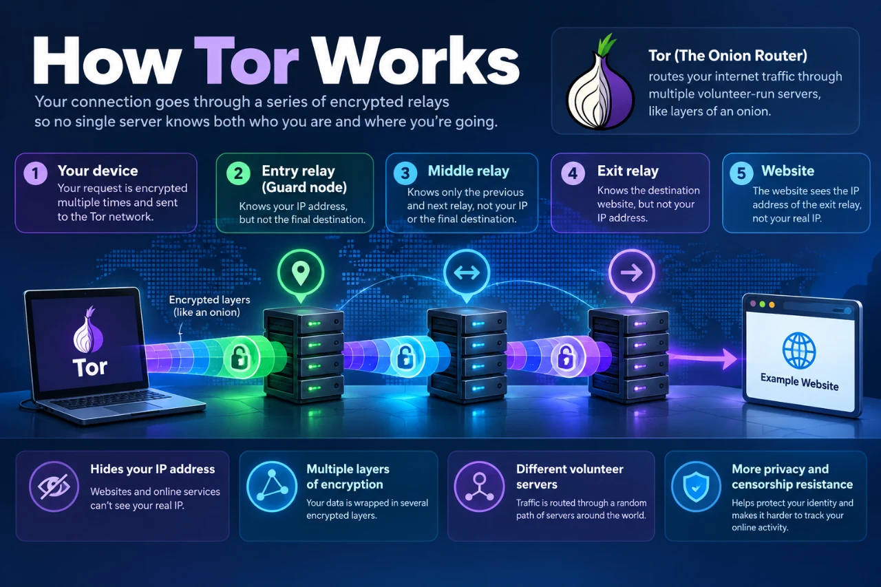 Diagram explaining how Tor routes internet traffic through an entry relay, middle relay and exit relay before reaching a website, helping conceal the user's IP address.