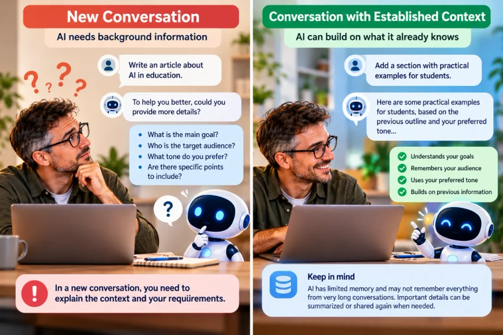 Comparison of a new AI conversation requiring background information and an established conversation where AI uses shared context, previous discussions, and user preferences to provide more relevant responses.