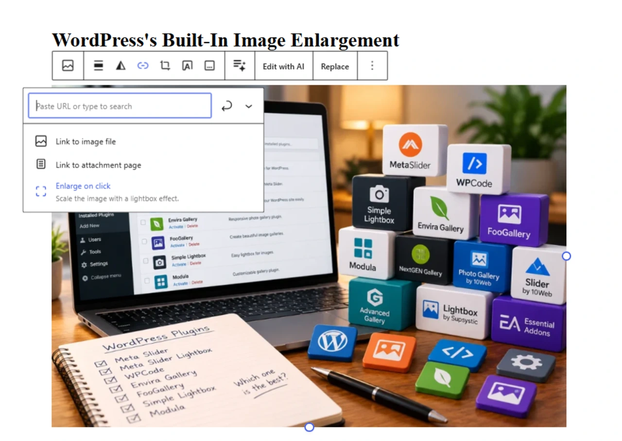 WordPress built-in Expand on click feature showing an enlarged image against a light background, compared with a custom AI-created lightbox.
