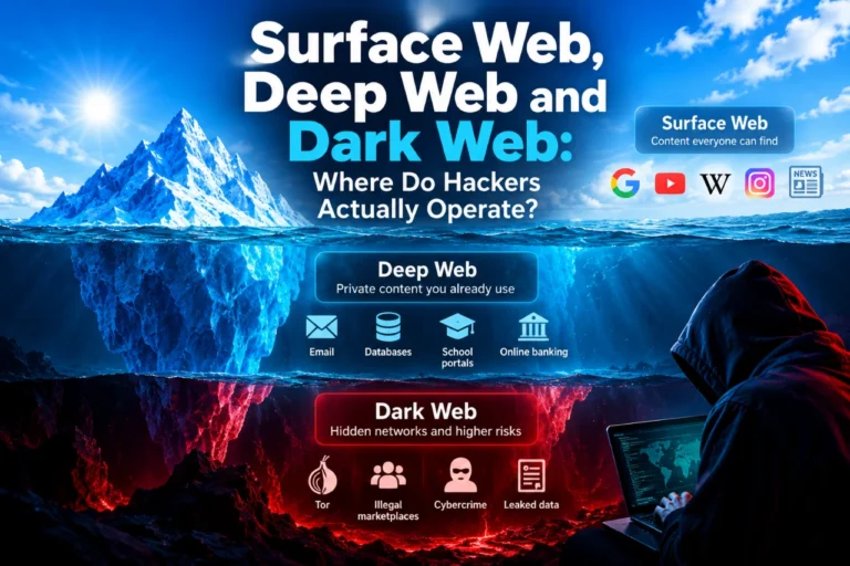Infographic comparing the Surface Web, Deep Web and Dark Web, illustrating public websites, private online services, Tor networks and cybersecurity risks.