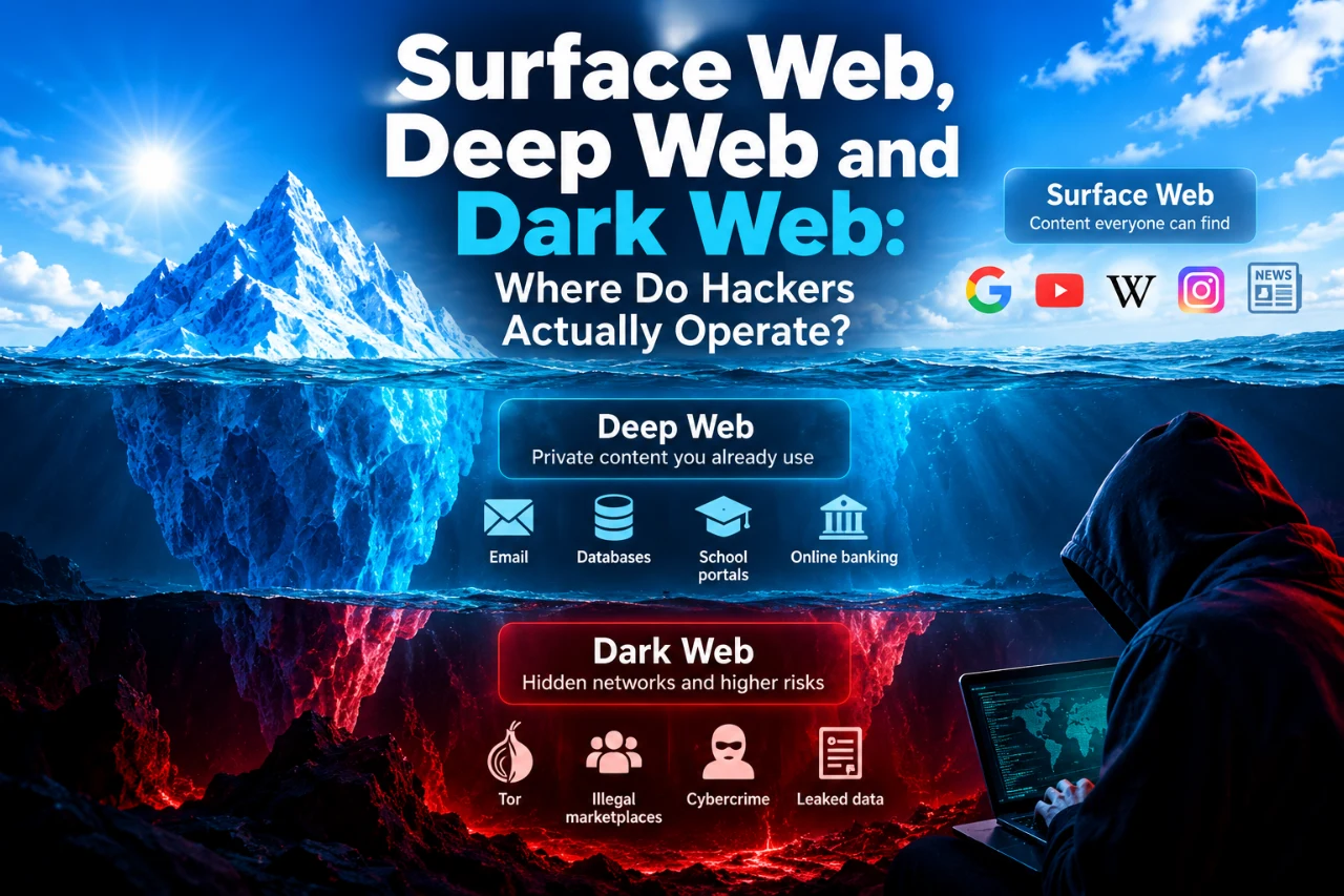 Infographic comparing the Surface Web, Deep Web and Dark Web, illustrating public websites, private online services, Tor networks and cybersecurity risks.