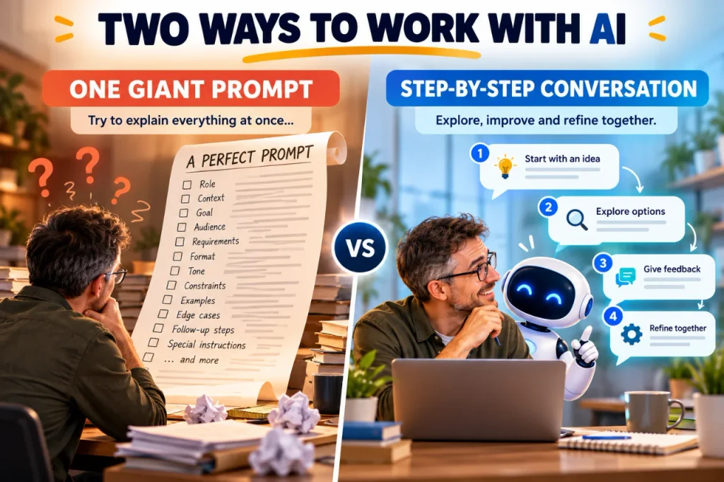 Comparison of one long, complex AI prompt versus a step-by-step conversation, showing how users can explore ideas, give feedback, and refine AI responses.