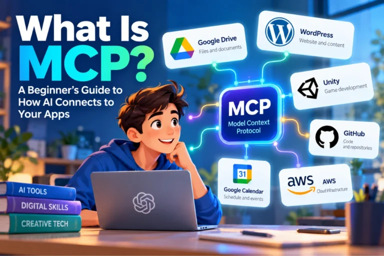 Illustration showing MCP connecting an AI assistant to Google Drive, WordPress, Unity, GitHub, Google Calendar and AWS