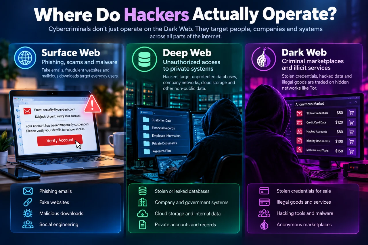 Infographic showing where hackers operate across the Surface Web, Deep Web and Dark Web, including phishing attacks, unauthorized access to private systems and illegal marketplaces.