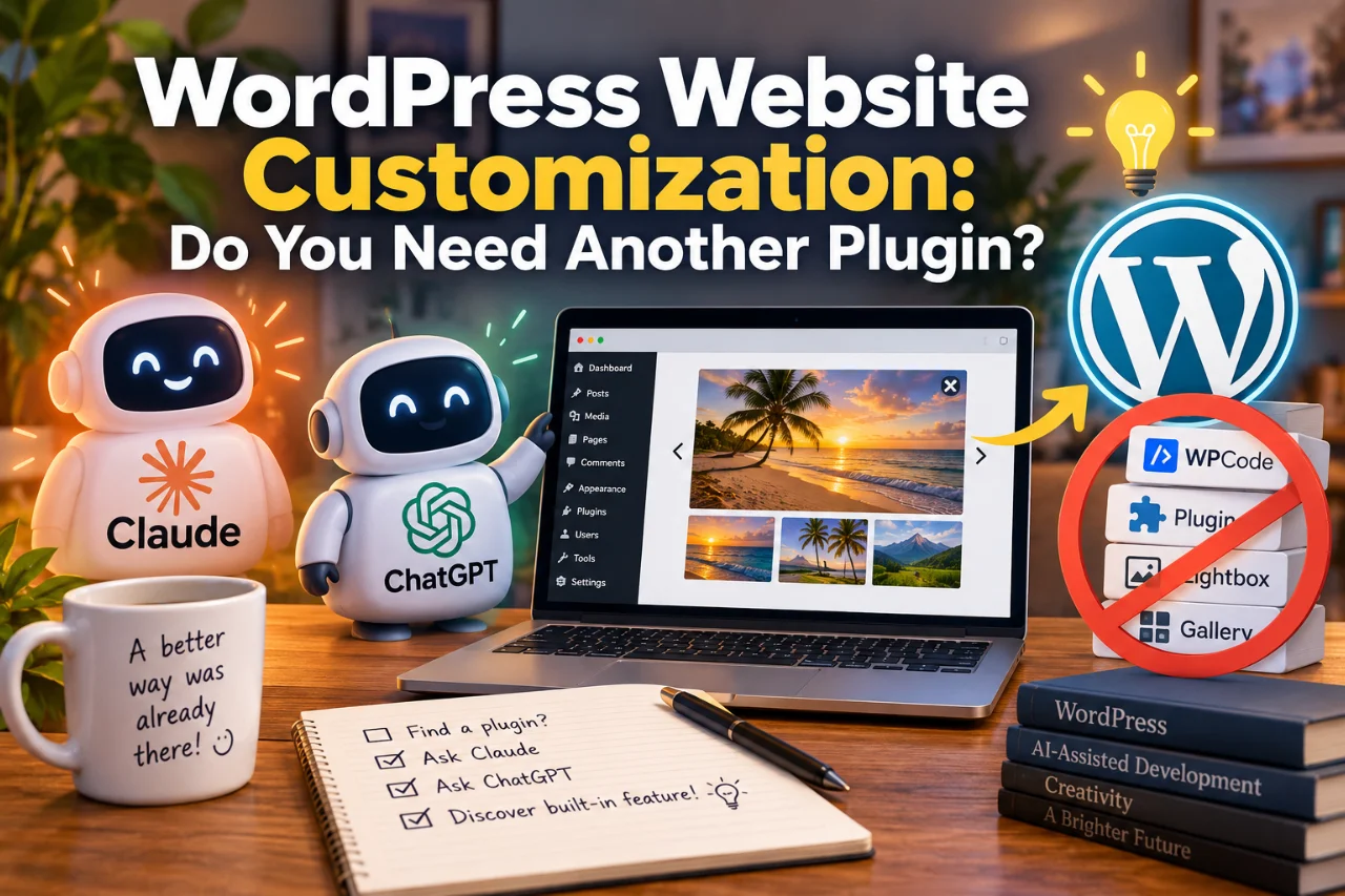 WordPress website customization with Claude and ChatGPT AI assistants, illustrating how to create features without installing another plugin.
