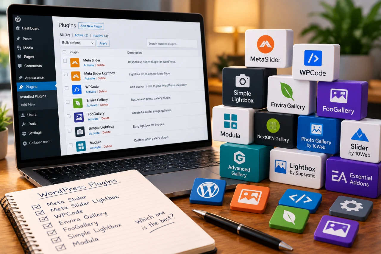 WordPress plugins for image galleries and lightboxes, including MetaSlider, WPCode, and other customization tools, displayed on a laptop.